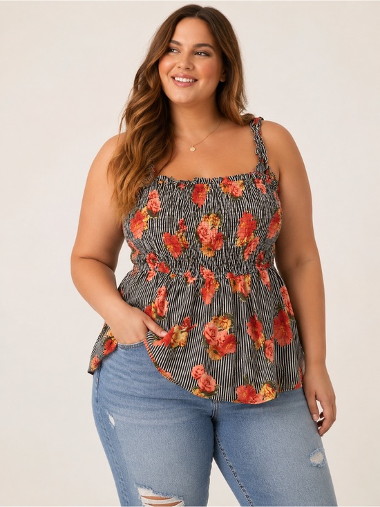 New Glory Tops - New Glory Floral Smocked Tank Top 2X Striped Boho Cami